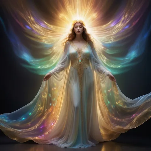 Prompt: "Uma representação luminosa e etérea de uma figura feminina serena, semelhante a uma entidade divina ou angelical. Ela está vestida com um vestido fluido e radiante que brilha com luzes multicoloridas, lembrando uma galáxia ou a aurora boreal. Seu véu e manto são semi-transparentes, emanando um efeito iridescente e cintilante. Um halo dourado com padrões intrincados e raios radiantes circunda sua cabeça, acentuando sua presença celestial.

Ela segura flores de lótus brilhantes em suas palmas abertas, simbolizando pureza e iluminação. Sua expressão é tranquila e compassiva, transmitindo um senso de paz e conforto. O fundo está repleto de luzes coloridas e vibrantes em estilo bokeh, criando uma atmosfera mística e de outro mundo. O texto 'Você Não Está Sozinho' está suavemente sobreposto próximo ao coração da figura, brilhando delicadamente em harmonia com as luzes ao redor."