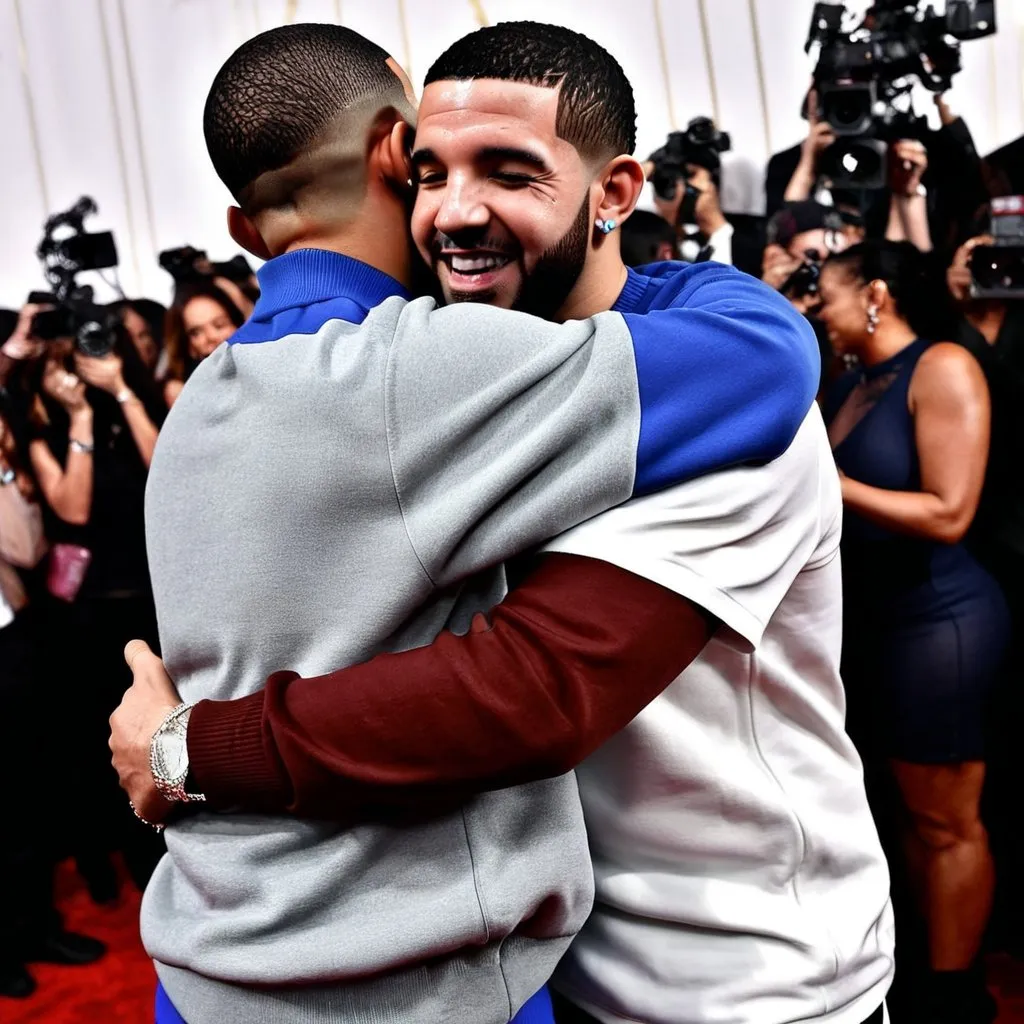 Prompt: A realistic image of Drake and Kendrick Lamar hugging