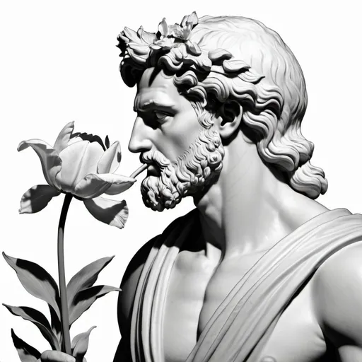 Prompt: apollo zeus smelling flowers, the flowers i want to be colored going to his nose, without tulip or something 