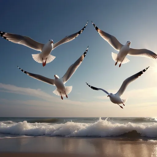 Prompt: (seagulls in flight), graceful birds soaring, wings outstretched, coastal breeze, warm sunlight illuminating feathers, dynamic movement across a brilliant blue sky, serene ocean waves below, high detail, cinematic atmosphere, tranquil yet lively ambiance, ethereal feel, (4K ultra-detailed), natural beauty of the seaside, perfect harmony in nature.