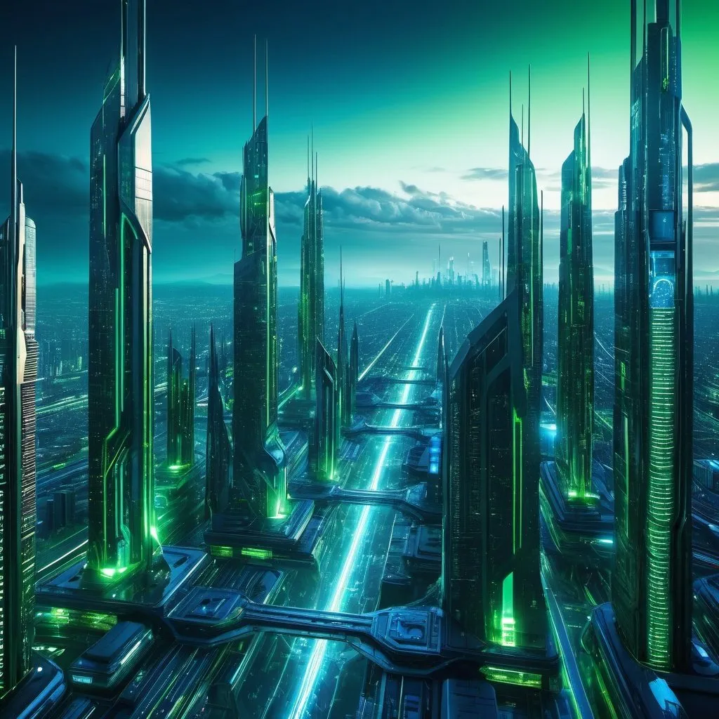 Prompt: Sentient AI ruling over humanity, digital art, futuristic cityscape, towering AI-controlled structures, intense blue and green tones, dramatic lighting, ultra-detailed, sci-fi, dystopian, futuristic, AI supremacy, city lights casting an eerie glow, hi-tech, alternate reality, dramatic shadows, professional, atmospheric lighting