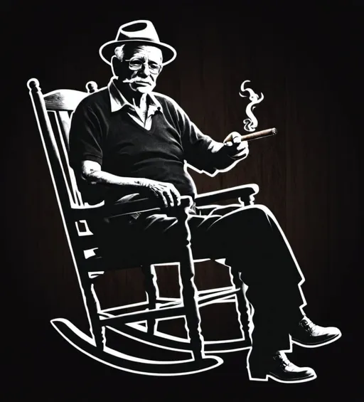 Prompt: Detailed flat png logo silhouette of an elderly man in a rocking chair, holding a cigar, chiaroscuro lighting, high contrast, realistic, black and white, atmospheric, vintage, textured, high quality, nuanced shading, classic, nostalgic, peaceful ambiance, detailed wood texture, serene, professional