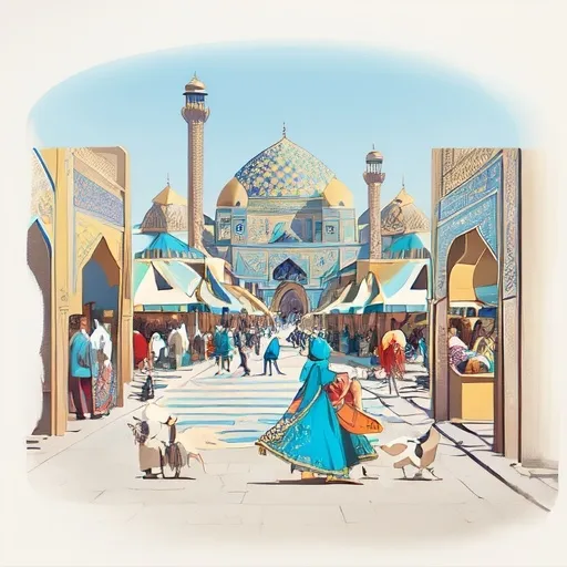 Prompt: (2D illustration), vibrant, bustling Isfahan market scene, intricate (curved architecture) with Persian and Iranian elements, dynamic crowd of people walking, a stunning turquoise dome under a bright (blue sky), captivating details of market stalls, ornate patterns, rich cultural atmosphere, warm sunlight illuminating the scenery, ultra-detailed, enchanting and lively mood.