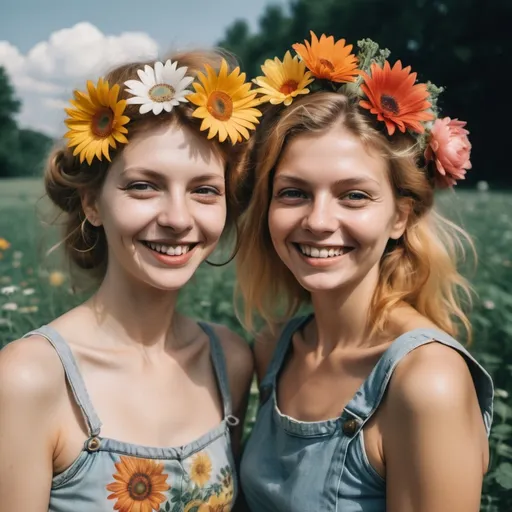 Prompt: a woman with a flower in her hair and a woman with a flower in her hair smiling for the camera, Anna Maria Barbara Abesch, regionalism, solarpunk, a picture