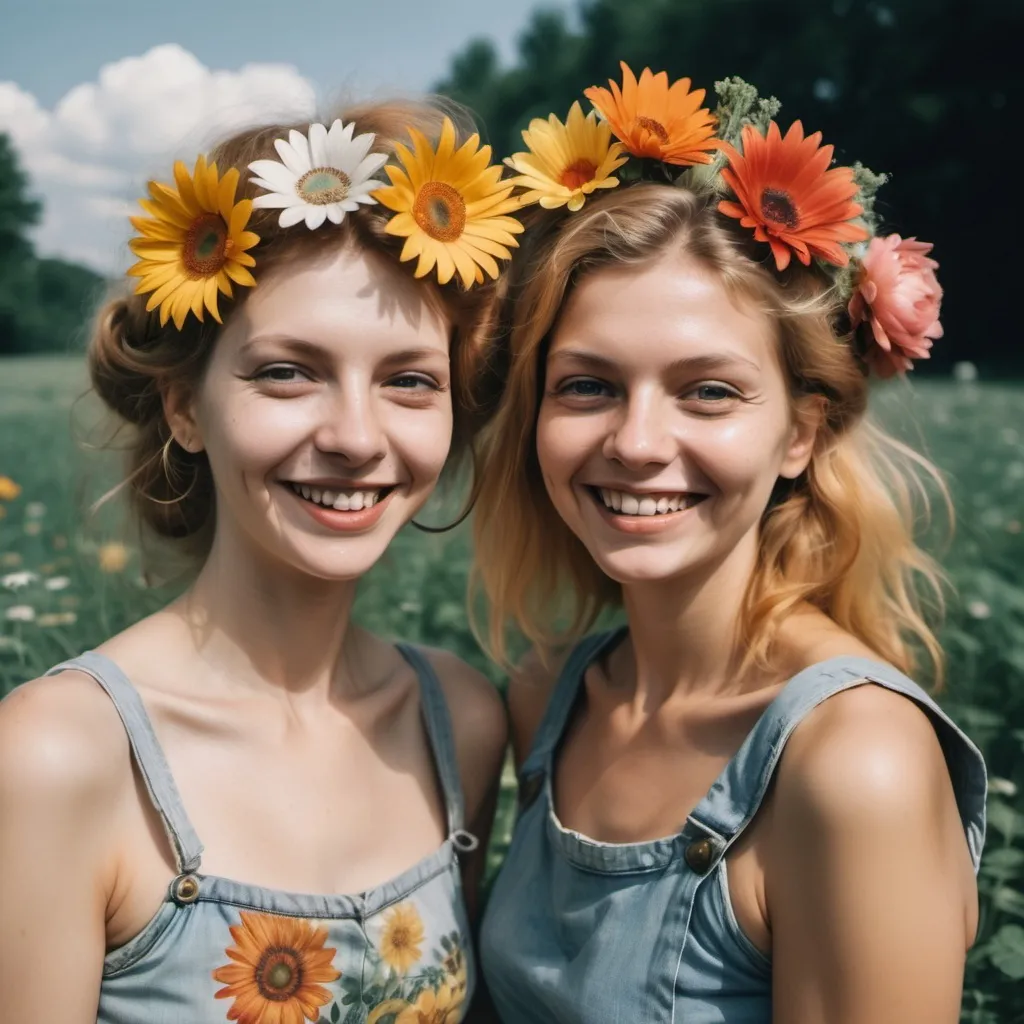 Prompt: a woman with a flower in her hair and a woman with a flower in her hair smiling for the camera, Anna Maria Barbara Abesch, regionalism, solarpunk, a picture