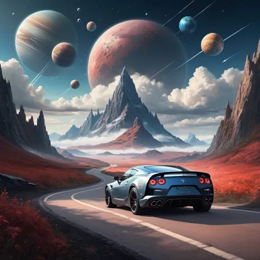 Prompt: a mountain with a road downthe middle of it and a sky with clouds and planets in the background, Anato Finnstark, fantasy art, matte fantasy painting, a detailed matte painting. a sports car is on that road doing down it
