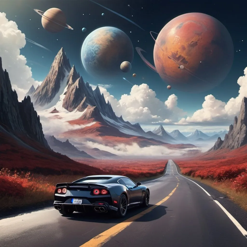 Prompt: a mountain with a road downthe middle of it and a sky with clouds and planets in the background, Anato Finnstark, fantasy art, matte fantasy painting, a detailed matte painting. a sports car is on that road doing down it
