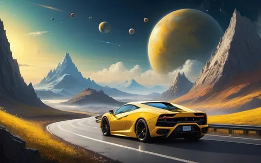 Prompt: a mountain with a road down the middle of it and a sky with clouds and planets in the background, Anato Finnstark, fantasy art, matte fantasy painting, a detailed matte painting. a yellow super car is on that road doing down it
