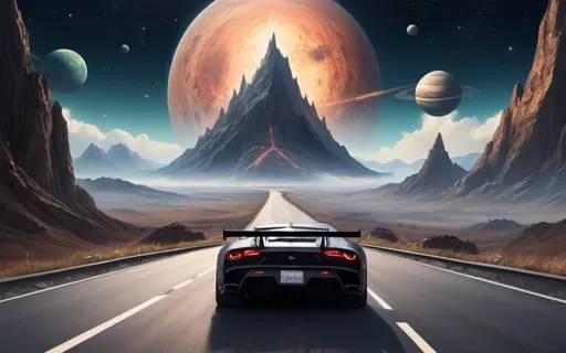 Prompt: a mountain with a road down the middle of it and a sky with clouds and planets in the background, Anato Finnstark, fantasy art, matte fantasy painting, a detailed matte painting. a super car is on that road doing down it
