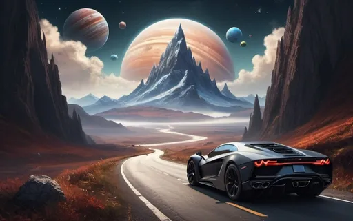 Prompt: a mountain with a road down the middle of it and a sky with clouds and planets in the background, Anato Finnstark, fantasy art, matte fantasy painting, a detailed matte painting. a super car is on that road doing down it
