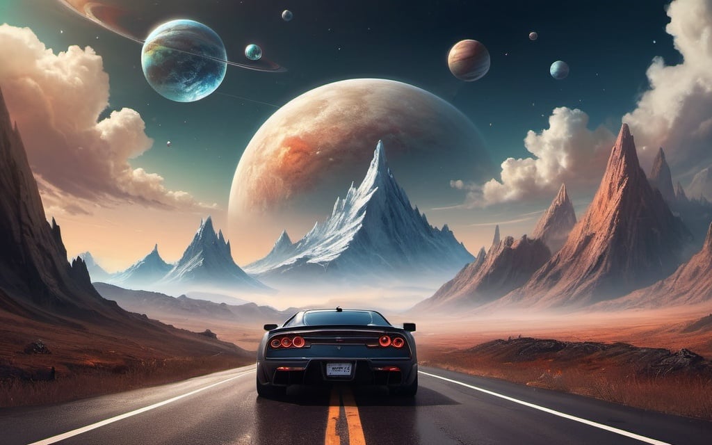 Prompt: a mountain with a road down the middle of it and a sky with clouds and planets in the background, Anato Finnstark, fantasy art, matte fantasy painting, a detailed matte painting. a super car is on that road doing down it
