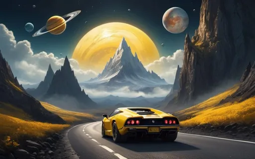 Prompt: a mountain with a road down the middle of it and a sky with clouds and planets in the background, Anato Finnstark, fantasy art, matte fantasy painting, a detailed matte painting. a yellow super car is on that road doing down it
