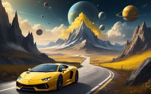 Prompt: a mountain with a road down the middle of it and a sky with clouds and planets in the background, Anato Finnstark, fantasy art, matte fantasy painting, a detailed matte painting. a yellow super car is on that road doing down it
