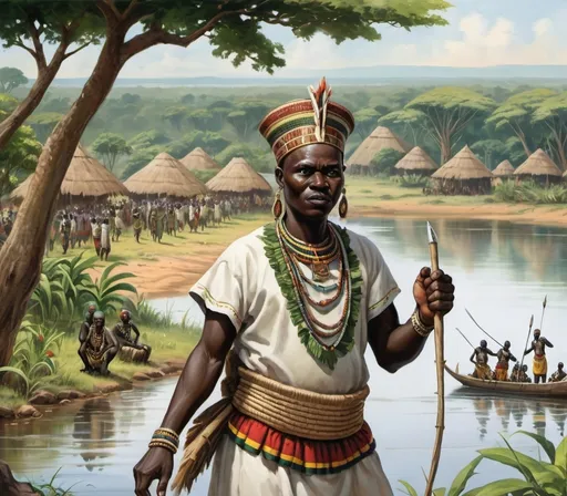 Prompt: An ancient African landscape with lush greenery along the shores of Lake Victoria. Illustrate the arrival of Kintu, a legendary leader from northeast Africa, with a group of clans. Show Kintu in traditional attire leading the clans in a victorious stance as they defeat the indigenous ruler Bemba Musota. Include a visual of the merging of clans and indigenous people to form the Buganda ethnic group."