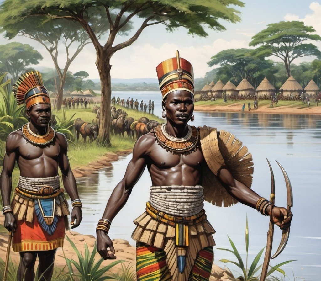 Prompt: An ancient African landscape with lush greenery along the shores of Lake Victoria. Illustrate the arrival of Kintu, a legendary leader from northeast Africa, with a group of clans. Show Kintu in traditional attire leading the clans in a victorious stance as they defeat the indigenous ruler Bemba Musota. Include a visual of the merging of clans and indigenous people to form the Buganda ethnic group."