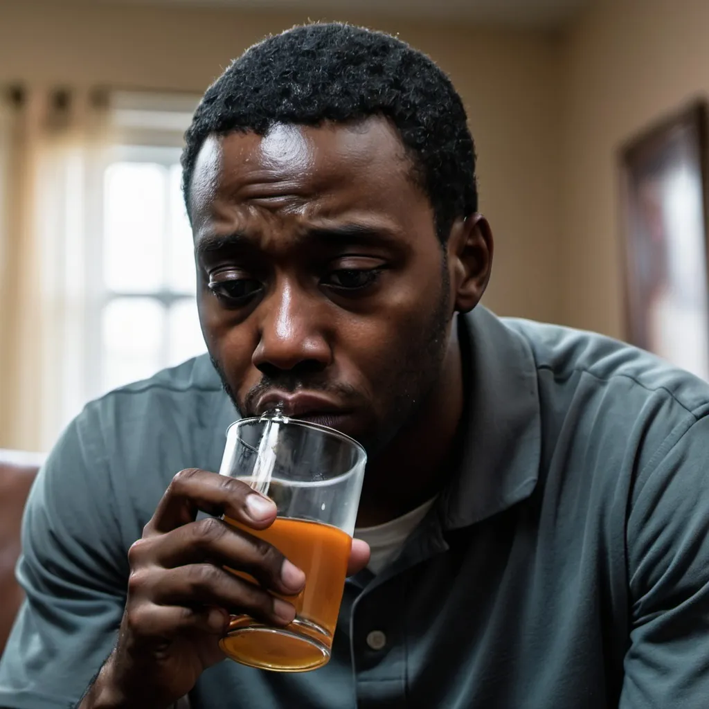 Prompt: A Depressed black Man drinking