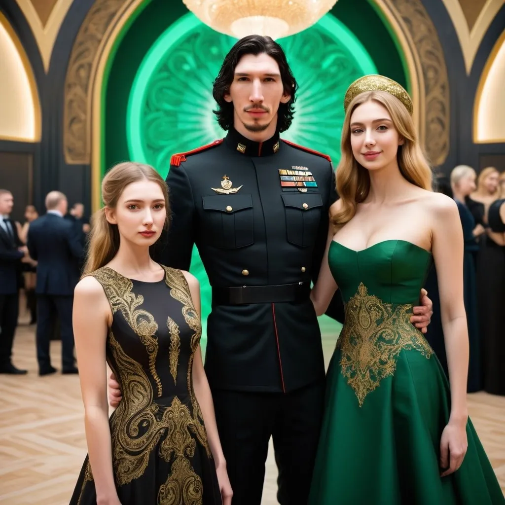 Prompt: Tall handsome Russian Adam Driver lookalike wears a black military uniform stands next to a beautiful extremely young woman. She is much shorter than him and the top of her head does not reach his shoulders. She has long golden brown hair and wears a very modest no skin showing A-line green and gold paisley ball gown. Fancy futuristic Russian venue