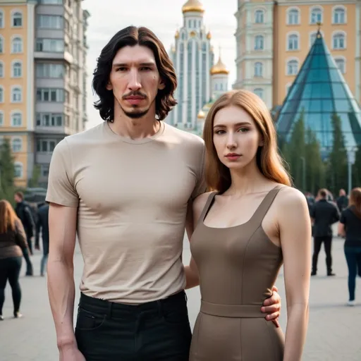 Prompt: Tall Russian Adam Driver lookalike stands beside a beautiful very short young woman. She has long golden brown hair. Futuristic Russian city