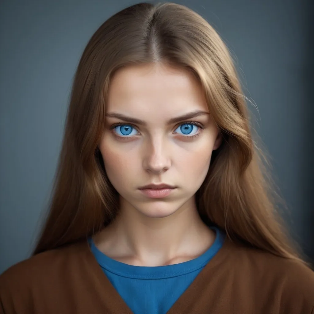 Prompt: One Ukrainian young woman with golden brown hair. She has steel blue eyes. she looks serious and is wearing a brown clothing