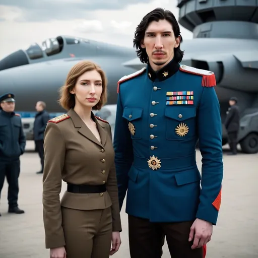 Prompt: Tall handsome Russian Adam Driver lookalike wears a black military uniform and stands next to a beautiful extremely short young woman. She is much shorter than him and the top of her head does not reach his shoulders. She has long golden brown hair and is wearing a blue jacket and brown pants Futuristic Russia