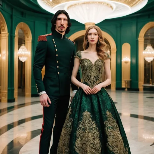 Prompt: Tall handsome Russian Adam Driver lookalike wears a black military uniform. a beautiful short young woman with long golden brown hair wears a modest green and gold paisley ball gown. Fancy futuristic Russian venue