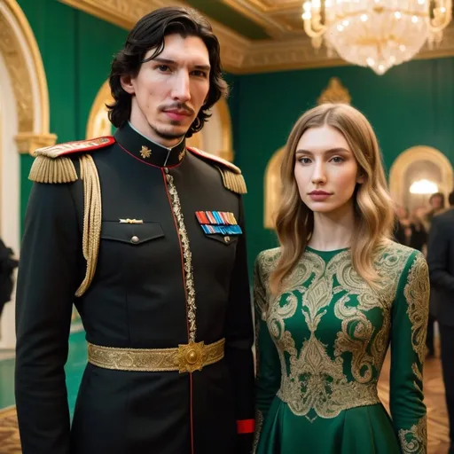Prompt: Tall handsome Russian Adam Driver lookalike wears a black military uniform stands next to a beautiful extremely young woman. She is much shorter than him and the top of her head does not reach his shoulders. She has long golden brown hair and wears a long sleeved no skin showing A-line green and gold paisley ball gown. Fancy futuristic Russian venue
