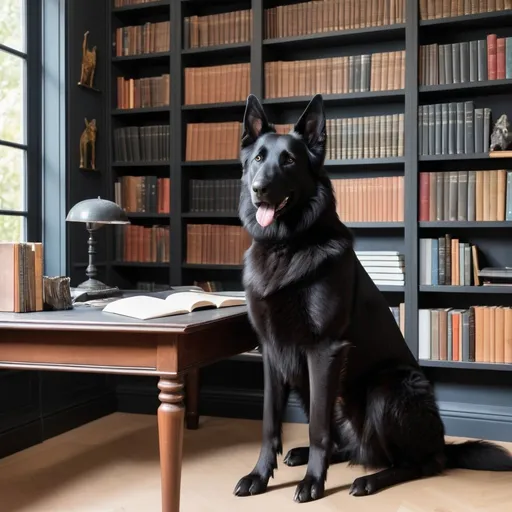 Prompt: Black Belgian shepherd sitting beside a desk in a personal library, bookshelves on two of the walls