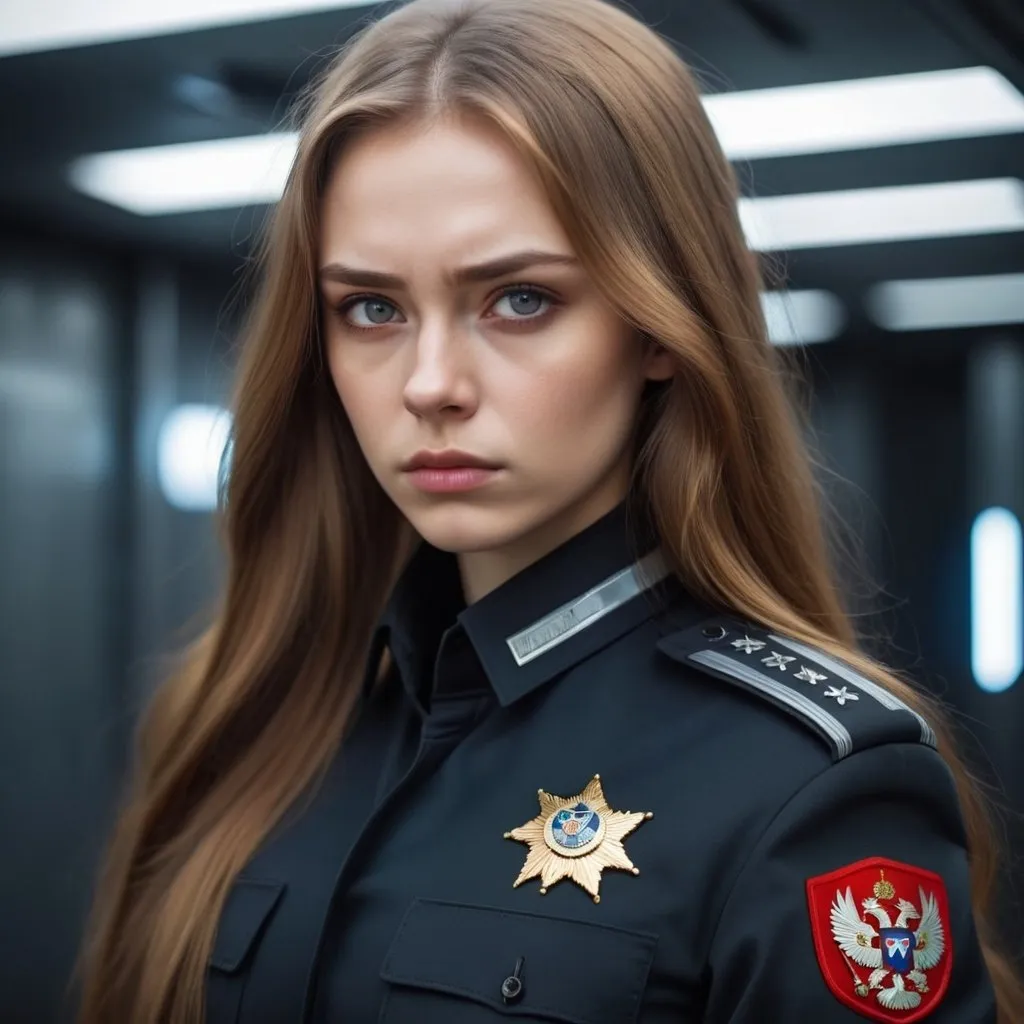 Prompt: Beautiful young woman with long golden brown hair and gray eyes. Futuristic Russia. She is wearing a dark police uniform, no insignia, And she is frowning