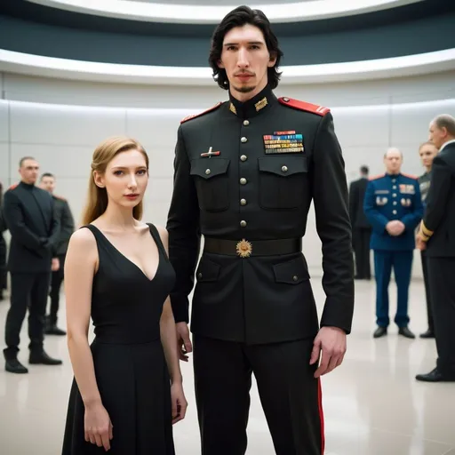Prompt: Tall handsome Russian Adam Driver lookalike wears a black military uniform and stands next to a beautiful extremely short young woman. She is much shorter than him and the top of her head does not reach his shoulders. She has long golden brown hair . Futuristic Russia