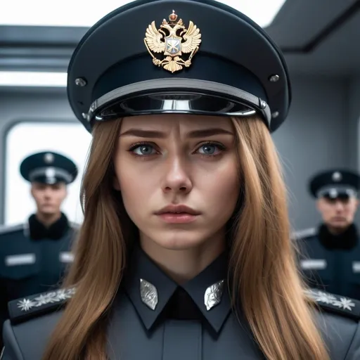 Prompt: Beautiful young woman with long golden brown hair and gray eyes. Futuristic Russia. She is wearing a dark police uniform, no insignia, And she looks like she’s about to cry