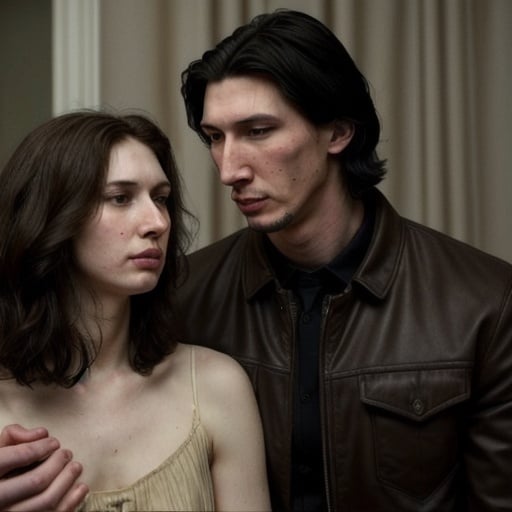 Prompt: Tall handsome Russian Adam Driver lookalike with short black hair takes care of  an injured short young woman with long golden brown hair 