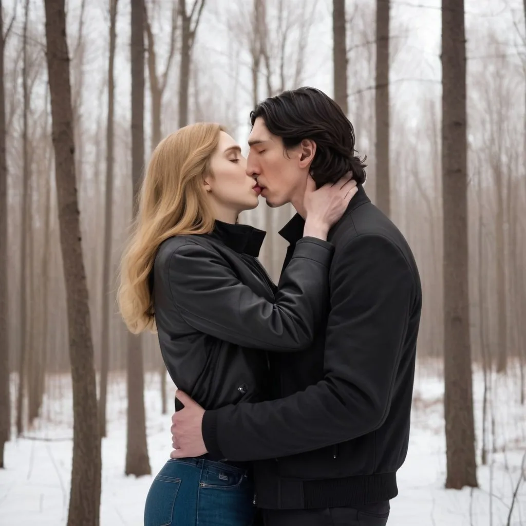 Prompt: Tall handsome Russian Adam Driver lookalike wears a black jacket and kisses a young woman much shorter than him. She has long golden brown hair. Winter woods