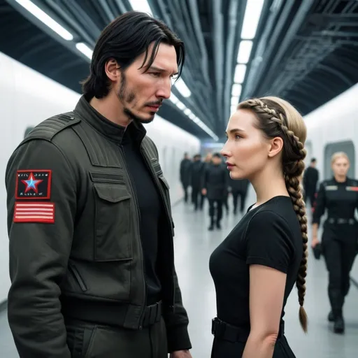 Prompt: Handsome tall young Russian man who looks like a mix of Keanu Reeves and Adam Driver with short black hair. He’s wearing black military stuff clothes. He looks down at a short beautiful young woman with braided golden brown hair. She’s wearing normal clothing. Futuristic Russia