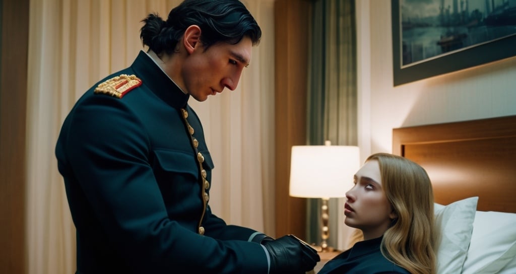 Prompt: Tall handsome young Russian Adam Driver lookalike wearing a dark military style uniform takes care of  an injured young woman with long light brown hair, futuristic bedroom 