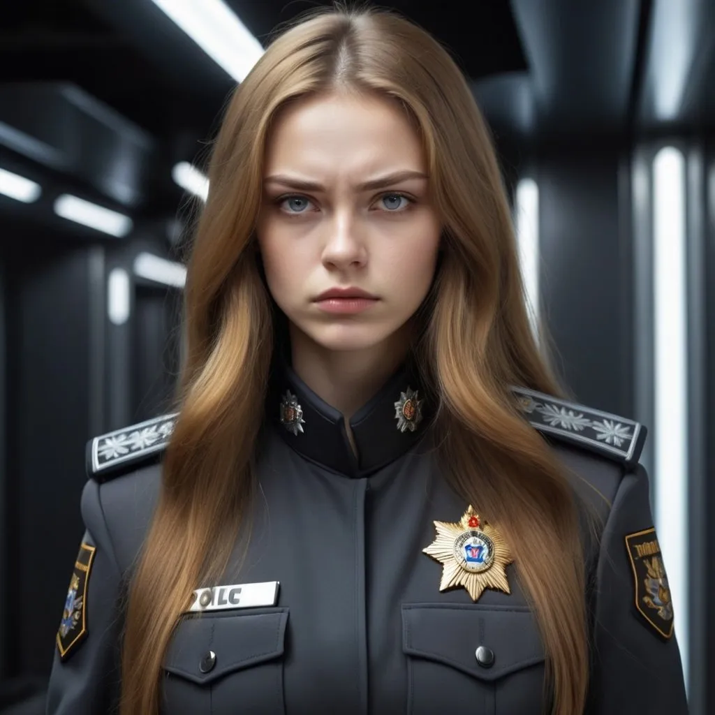 Prompt: Beautiful young woman with long golden brown hair and gray eyes. Futuristic Russia. She is wearing a dark police uniform, no insignia, And she is frowning