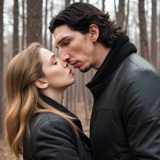 Prompt: Tall handsome Russian Adam Driver lookalike wears a black jacket and kisses a young woman much shorter than him. She has long golden brown hair. Winter woods