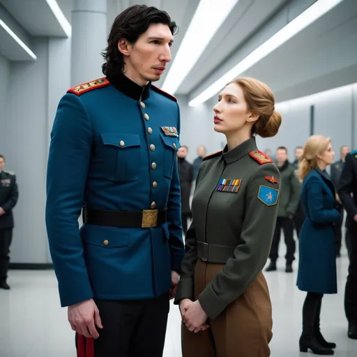Prompt: Tall handsome Russian Adam Driver lookalike wears a black military uniform and stands next to a beautiful extremely short young woman. She is much shorter than him and the top of her head does not reach his shoulders. She has long golden brown hair and is wearing a blue jacket and brown pants. She looks up at him, afraid. Futuristic Russia