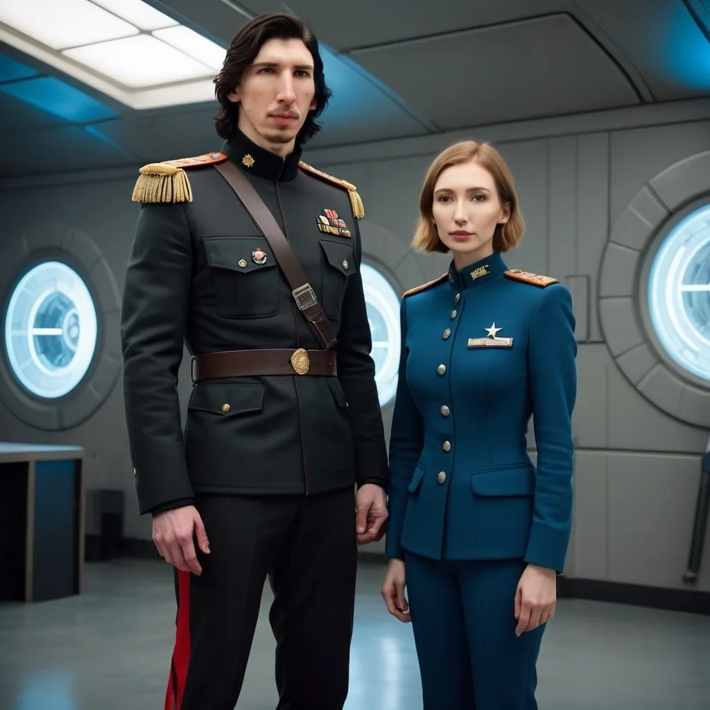 Prompt: Tall handsome Russian Adam Driver lookalike wears a black military uniform and stands next to a beautiful extremely short young woman. She is much shorter than him and the top of her head does not reach his shoulders. She has long golden brown hair and is wearing a blue jacket and brown pants Futuristic Russia