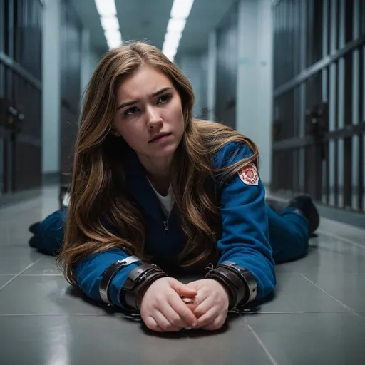 Prompt: A young woman is lying flat on the floor. She is wearing winter clothing and has long light brown hair. There are electrically charged handcuffs on her wrists and ankles and she looks like she’s in pain. Futuristic dimly lit jail cell