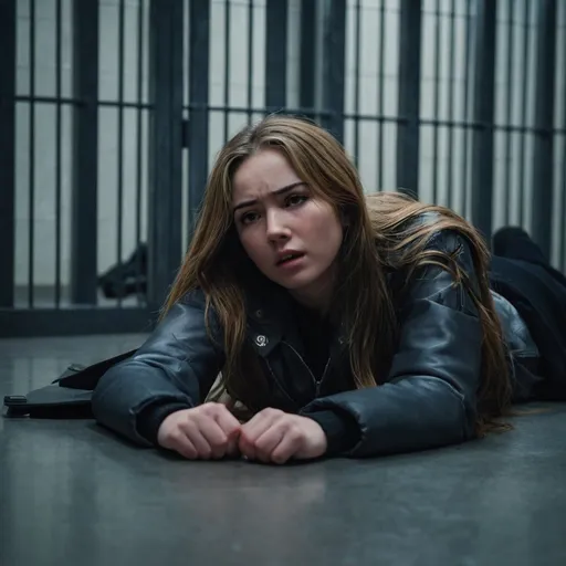 Prompt: A young woman is lying flat on the floor. She is wearing winter clothing and has long light brown hair. There are stun cuffs on her wrists and ankles and she looks like she’s in pain. Futuristic dimly lit jail cell