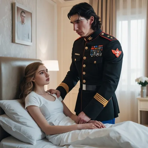 Prompt: Tall handsome young Russian Adam Driver lookalike wearing a dark military style uniform takes care of an injured young woman with long light brown hair, futuristic bedroom 