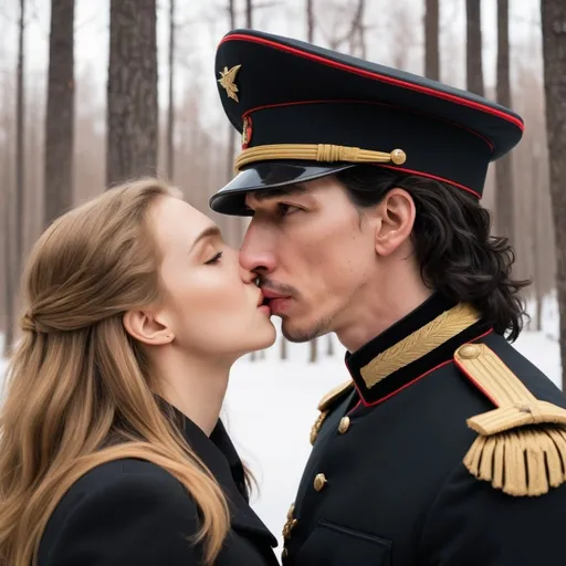 Prompt: Tall handsome Russian Adam Driver lookalike wears a black military uniform and kisses a young woman significantly shorter than him. She has long golden brown hair. Winter woods