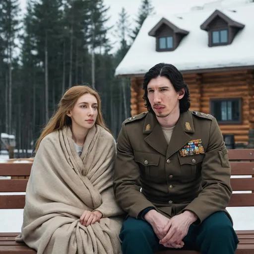 Prompt: Tall handsome Russian Adam Driver lookalike is sitting with a beautiful small young woman with long golden brown hair. He is wearing a military style uniform with no insignias and she is wrapped in a blanket. Outside sitting on a bench. Winter in front of a lodge