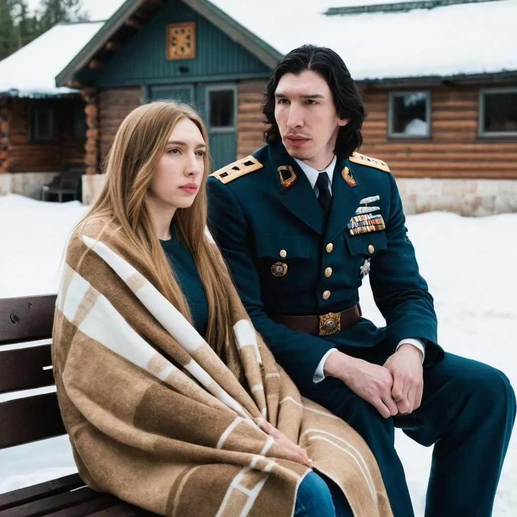 Prompt: Tall handsome Russian Adam Driver lookalike is sitting with a beautiful small young woman with long golden brown hair. He is wearing a military style uniform with no insignias and she is wrapped in a blanket. Outside sitting on a bench. Winter in front of a lodge