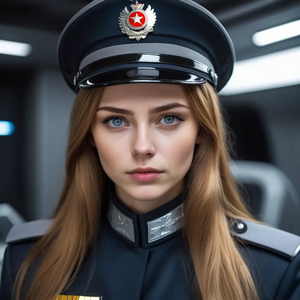 Prompt: Beautiful young woman with long golden brown hair and gray eyes. Futuristic Russia. She is wearing a dark police uniform, no insignia, a tear rolls down her cheek 