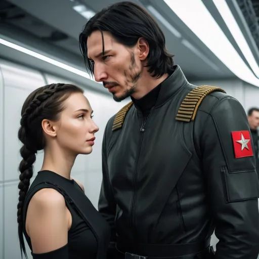 Prompt: Handsome tall young Russian man who looks like a mix of Keanu Reeves and Adam Driver with short black hair. He’s wearing black military stuff clothes. He looks down at a short beautiful young woman with braided golden brown hair. She’s wearing normal clothing. Futuristic Russia