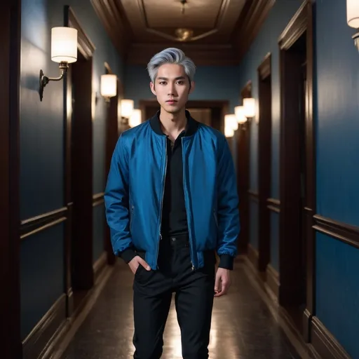 Prompt: Tall handsome young Asian man stands in a dark mansion hallway. He has silver hair. He’s wearing a blue jacket and black pants