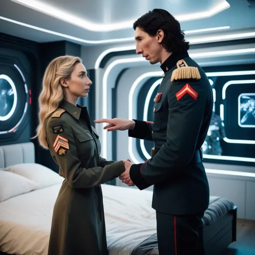 Prompt: A tall handsome Russian Adam Driver lookalike wearing a military uniform offers his hand to a beautiful short young woman.Shes wearing normal clothing. Futuristic bedroom 