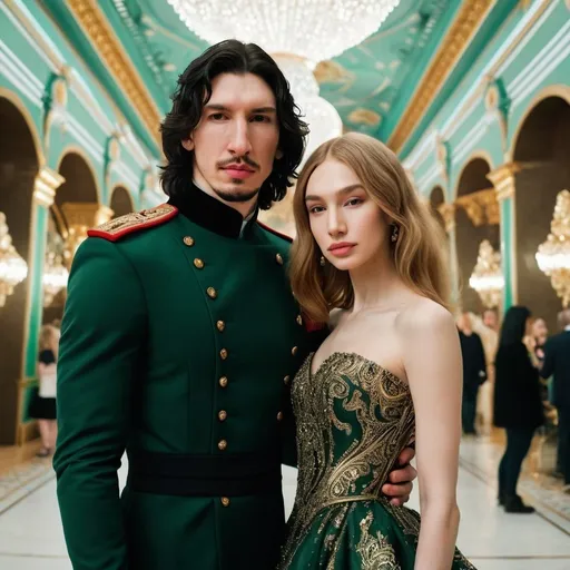 Prompt: Tall handsome Russian Adam Driver lookalike wears a black military uniform. a beautiful short young woman with long golden brown hair wears a green and gold paisley ball gown. Fancy futuristic Russian venue