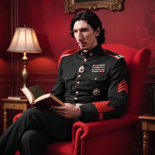 Prompt: Tall handsome Russian Adam Driver lookalike wears a black military uniform and sits in a comfortable chair in a sumptuous red bedroom reading a book 